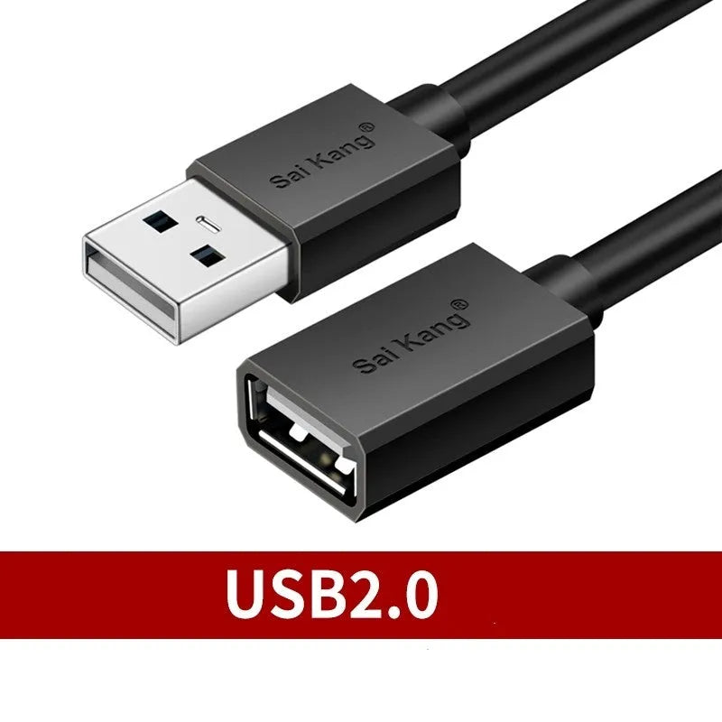 Black USB extension cable with male and female connectors showing length options for USB 3.0 and USB 2.0 devices