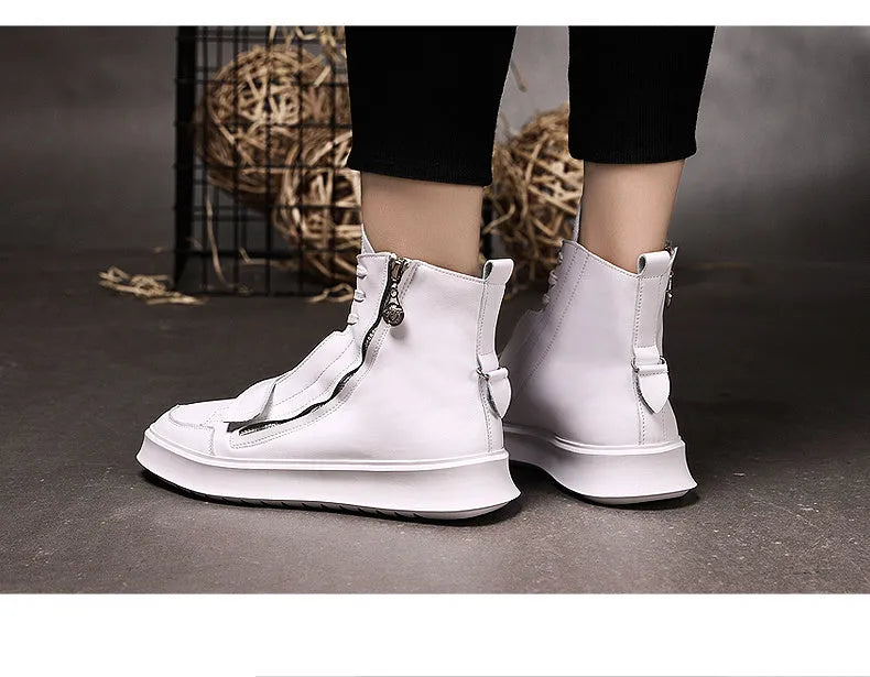 Men's black and white PU leather ankle boots with microfiber upper in high-top sneaker style.