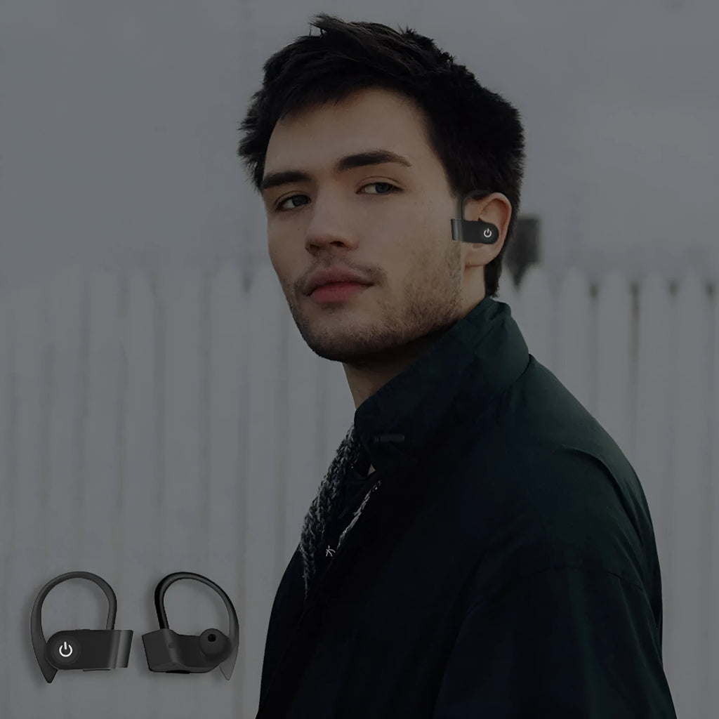 Black wireless Bluetooth earphones with ergonomic design shown with a charging case.