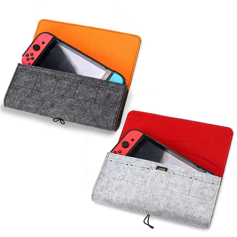 Black Nintendo Switch felt pouch case open, showing console slot and 5-game card holder.