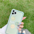Green TPU iPhone case with smiley face and geometric pattern inside a polka dot frame.