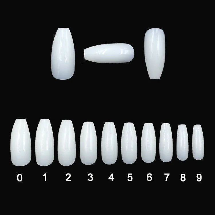 500 clear and natural coloured ABS plastic false nails in ten different sizes arranged on a white surface