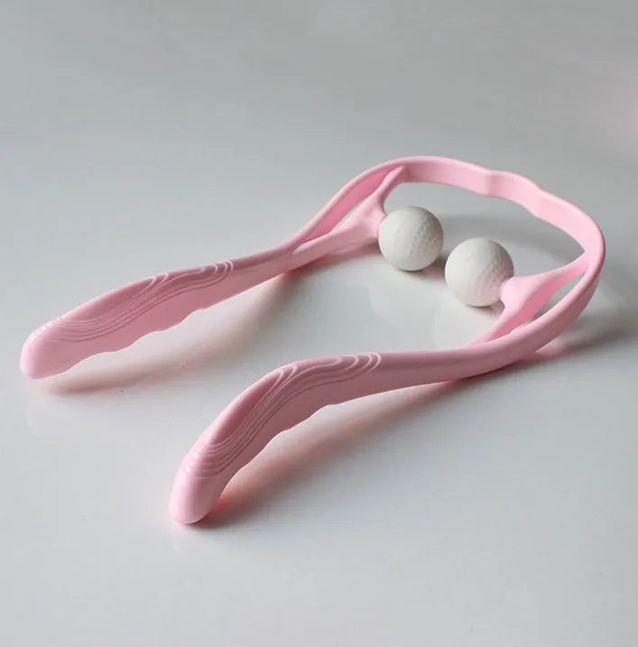 Blue manual neck massager hand roller with swan design and adjustable stand on a white background.