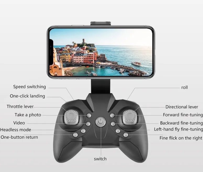 LF606 folding four-axis drone with 4K HD camera, black or white, 11 x 11 x 3.5 cm, altitude hold and headless mode.