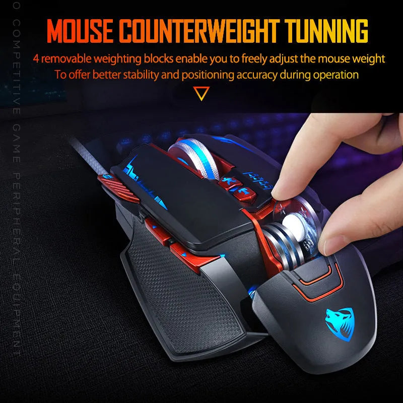 Thunder Wolf V9 black wired gaming mouse with six keys on desktop