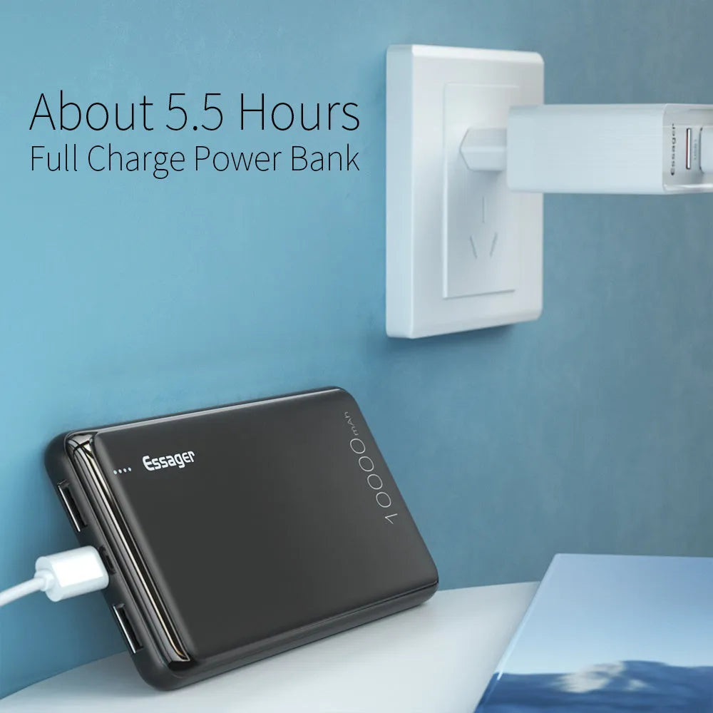Essager Small Jane black 10000mAh portable power bank with dual USB ports and LED indicators