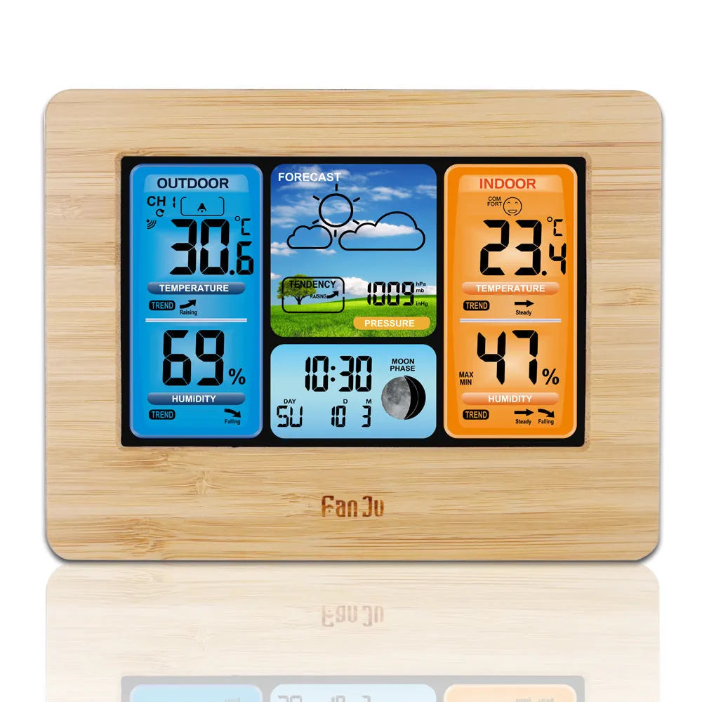 Digital weather station clock with LCD display showing temperature humidity and forecast in black plastic case