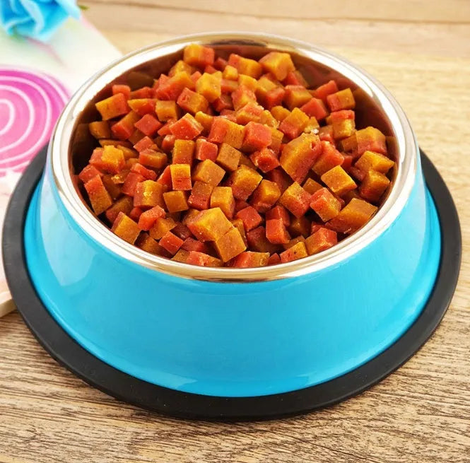 Stainless steel pet bowl with colourful melamine exterior and non-slip rubber ring base