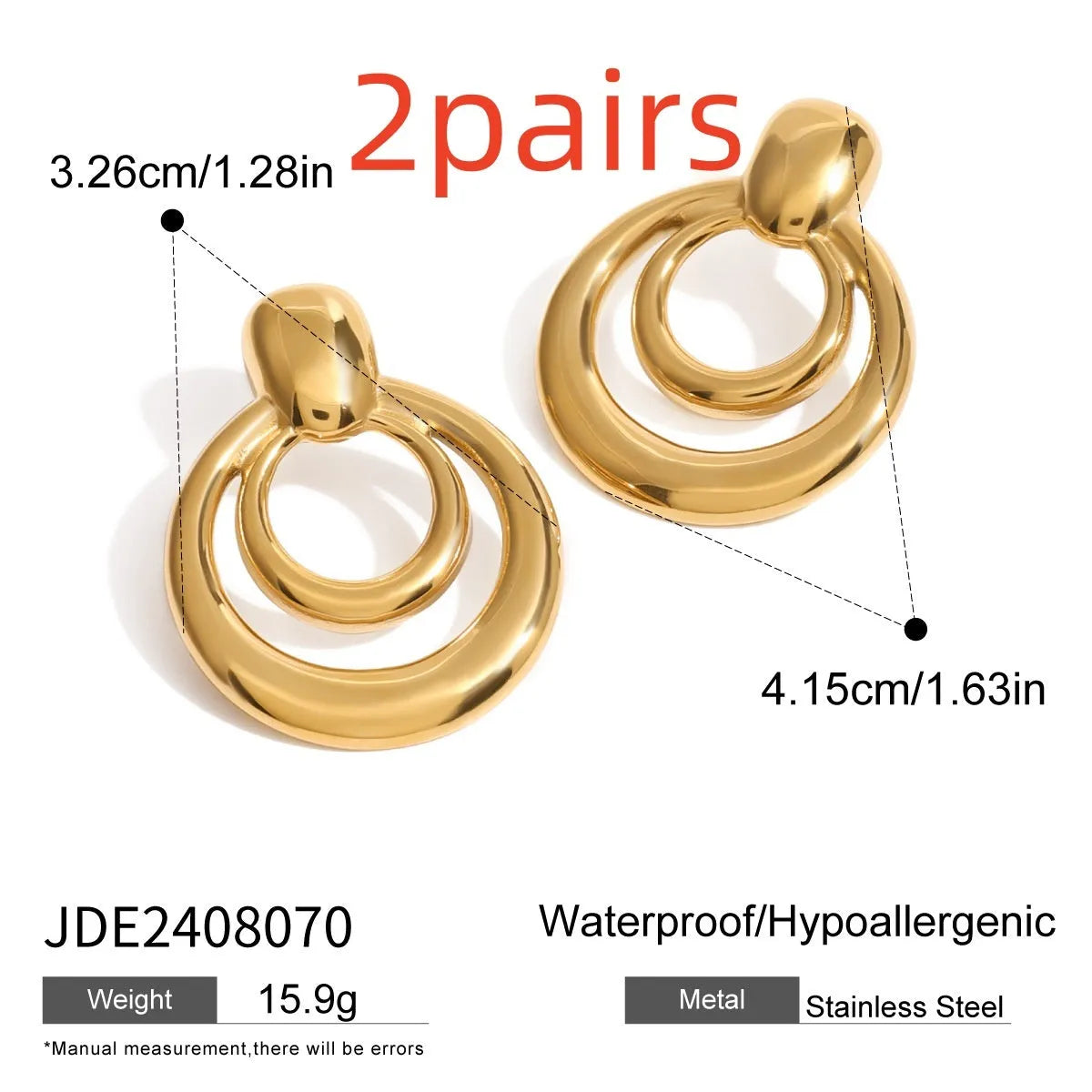 Golden round stud earrings with double-layer hollow construction and contemporary geometry design
