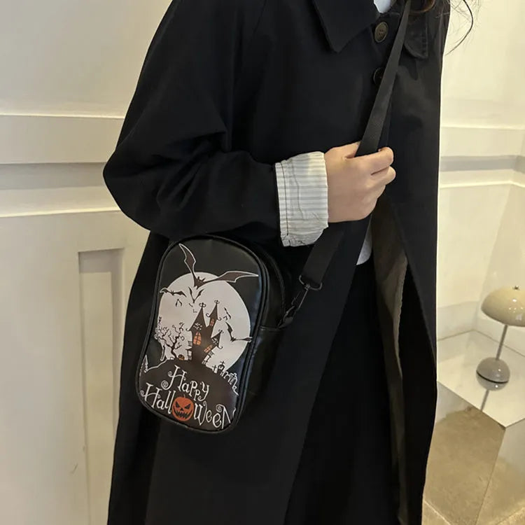 Halloween graffiti phone bag with pumpkin ghost bat print crossbody design