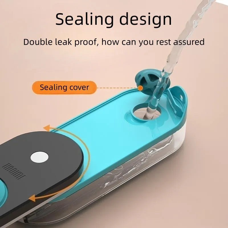 Portable blue pet water bottle with foldable silicone drinking bowl and carabiner clip for dogs and cats