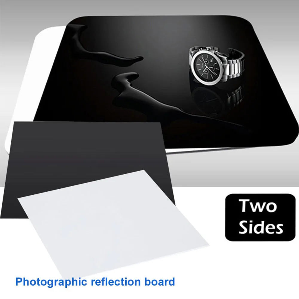 Square black and white acrylic reflection board for tabletop photography.