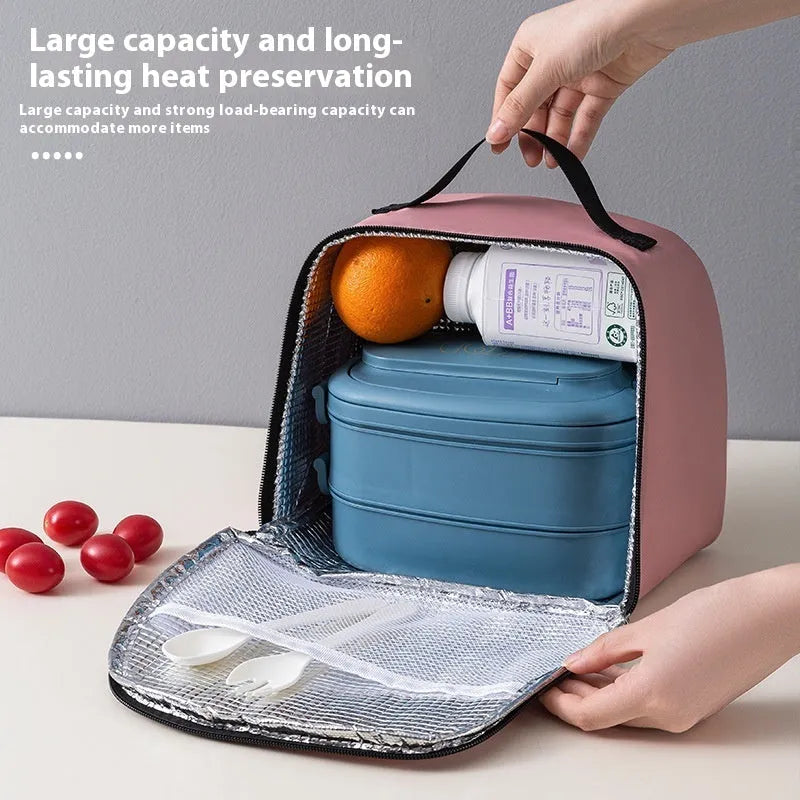 Insulated lunch box bag in textured cloth with large capacity for bento and rice, available in multiple colours