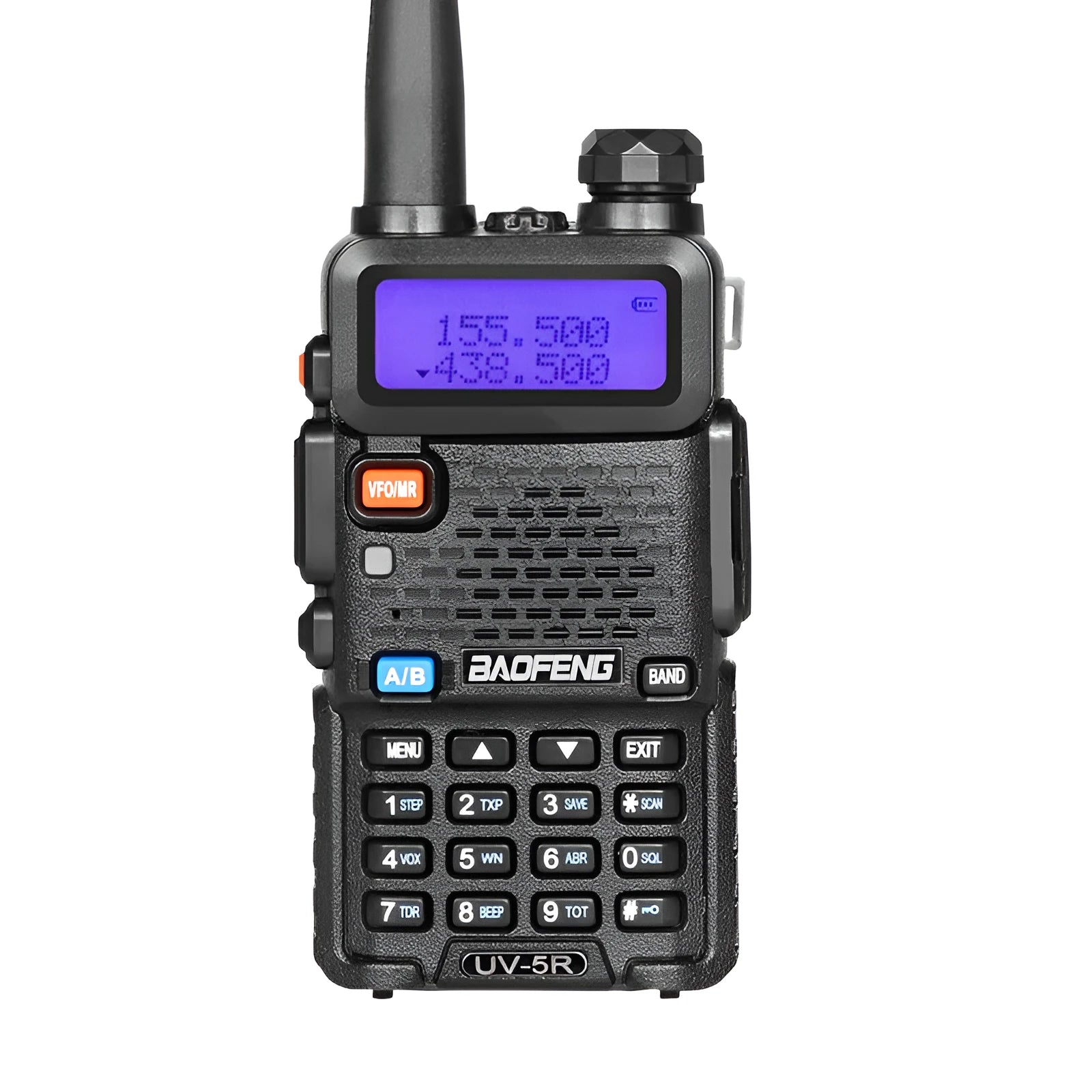 Black handheld VHF UHF walkie talkie with antenna, showing compact 110x58x32mm dimensions.