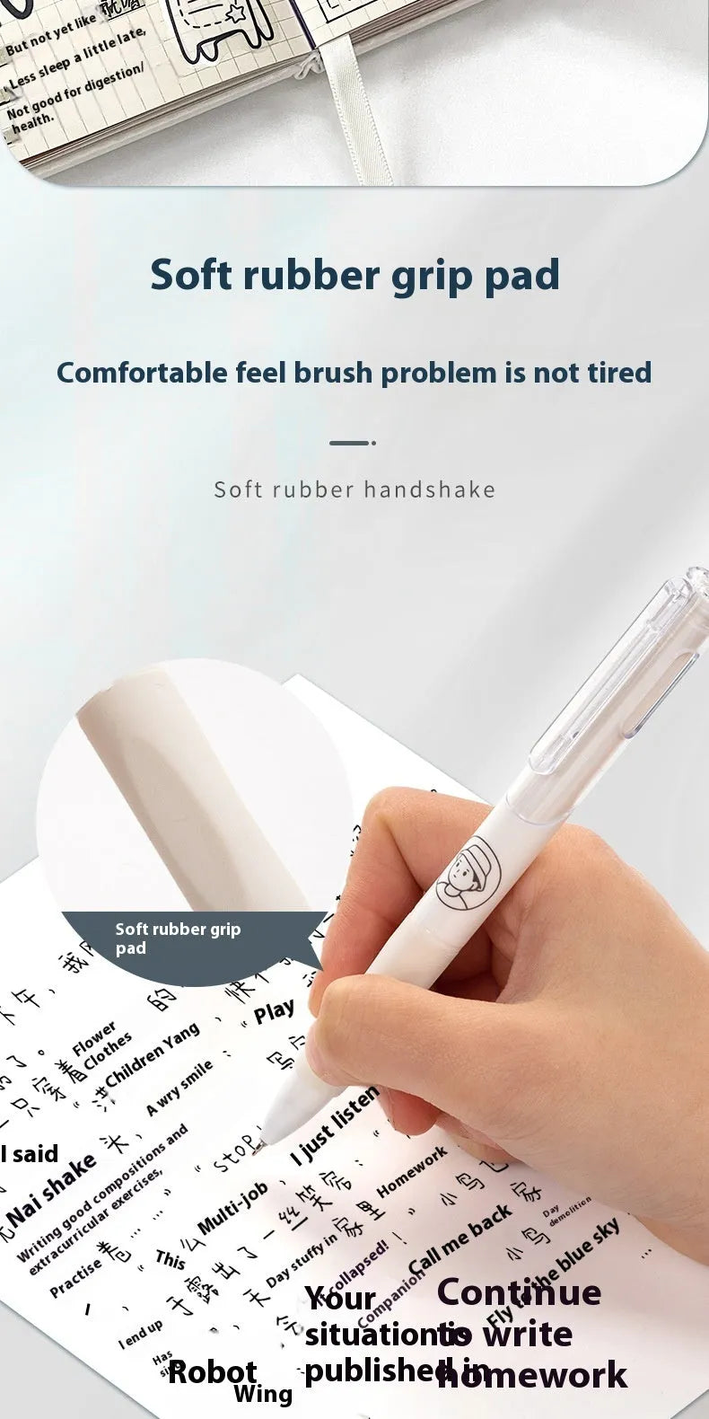 Five Taco brand ballpoint pens with 0.5mm black ink refills arranged together