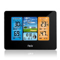 Digital weather station clock with LCD display showing temperature humidity and forecast in black plastic case