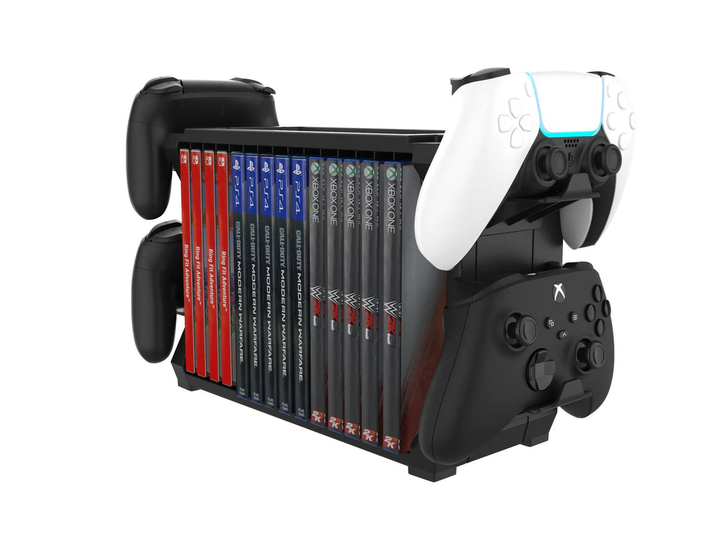 Black PS5 and Xbox Series X disc storage stand with slots for game cartridges and four controller cradles.