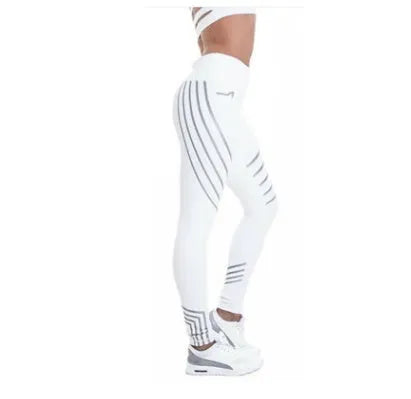 Women's black fitness leggings with reflective print pattern for night workouts