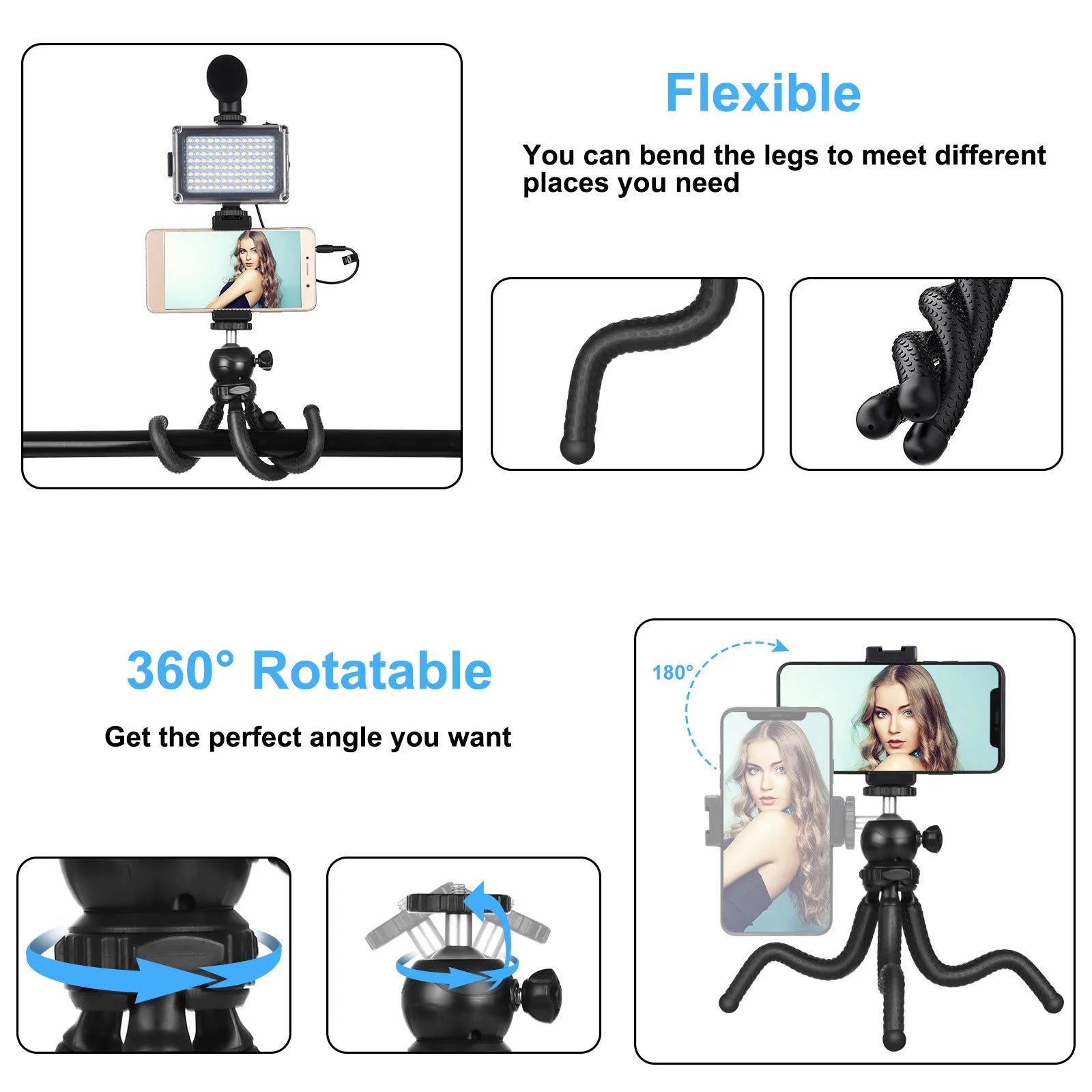 Black octopus-style flexible tripod with LED fill light and microphone for iPhone live streaming