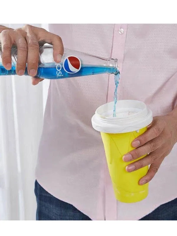 Blue double wall silicone cold shake cup with cylindrical shape and pinch activation for instant beverage cooling