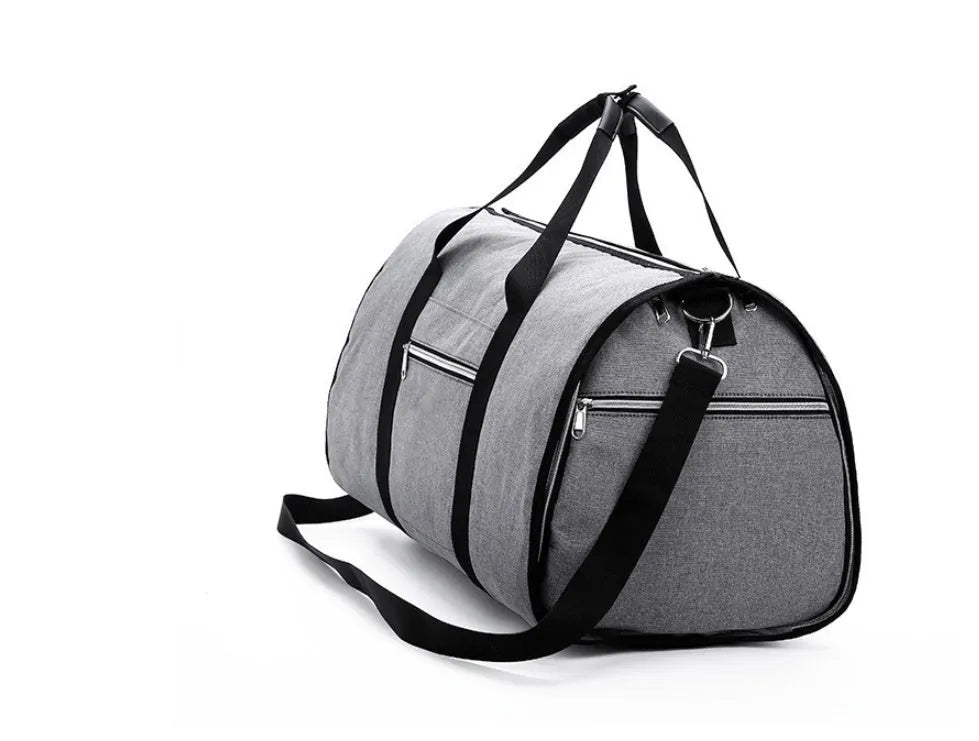 Cylinder-shaped travel bag in red, light grey, blue, or black with a zipper opening and Oxford cloth material.