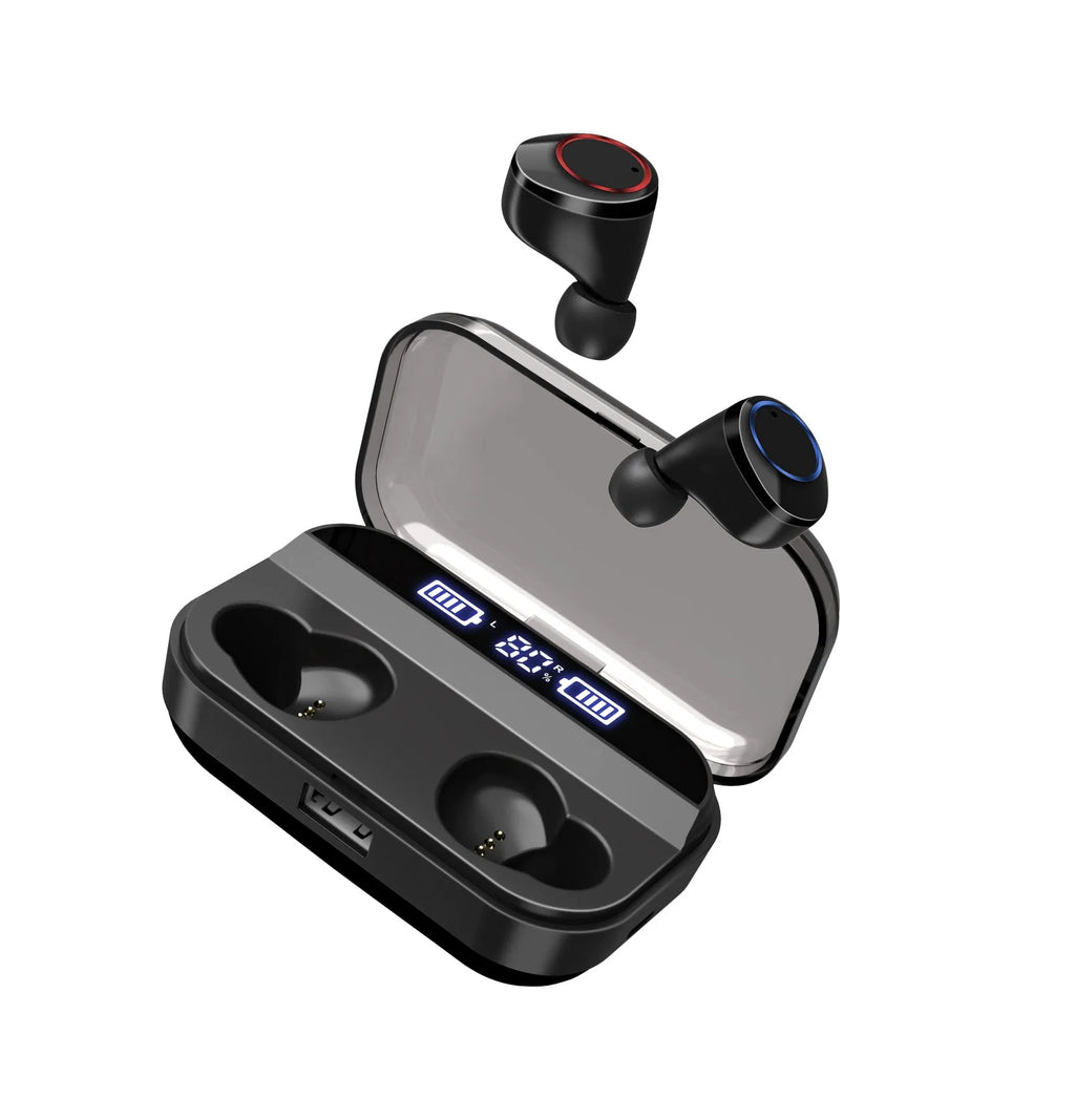 Black X11 wireless Bluetooth earbuds with charging case and six silicone ear sleeves on a white background.