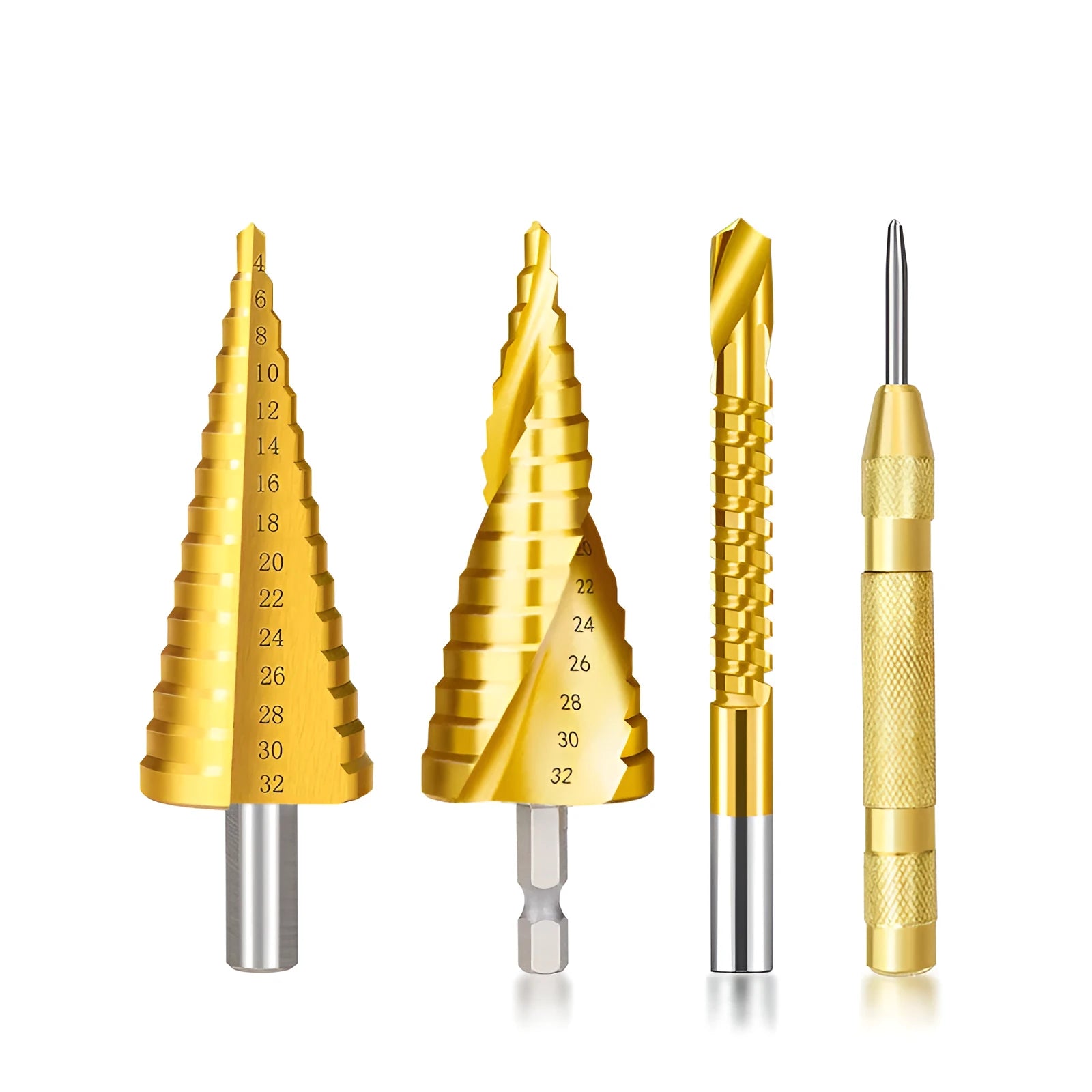 High speed steel step drill bit and centre punch set in metal case with size markings from 3mm to 32mm