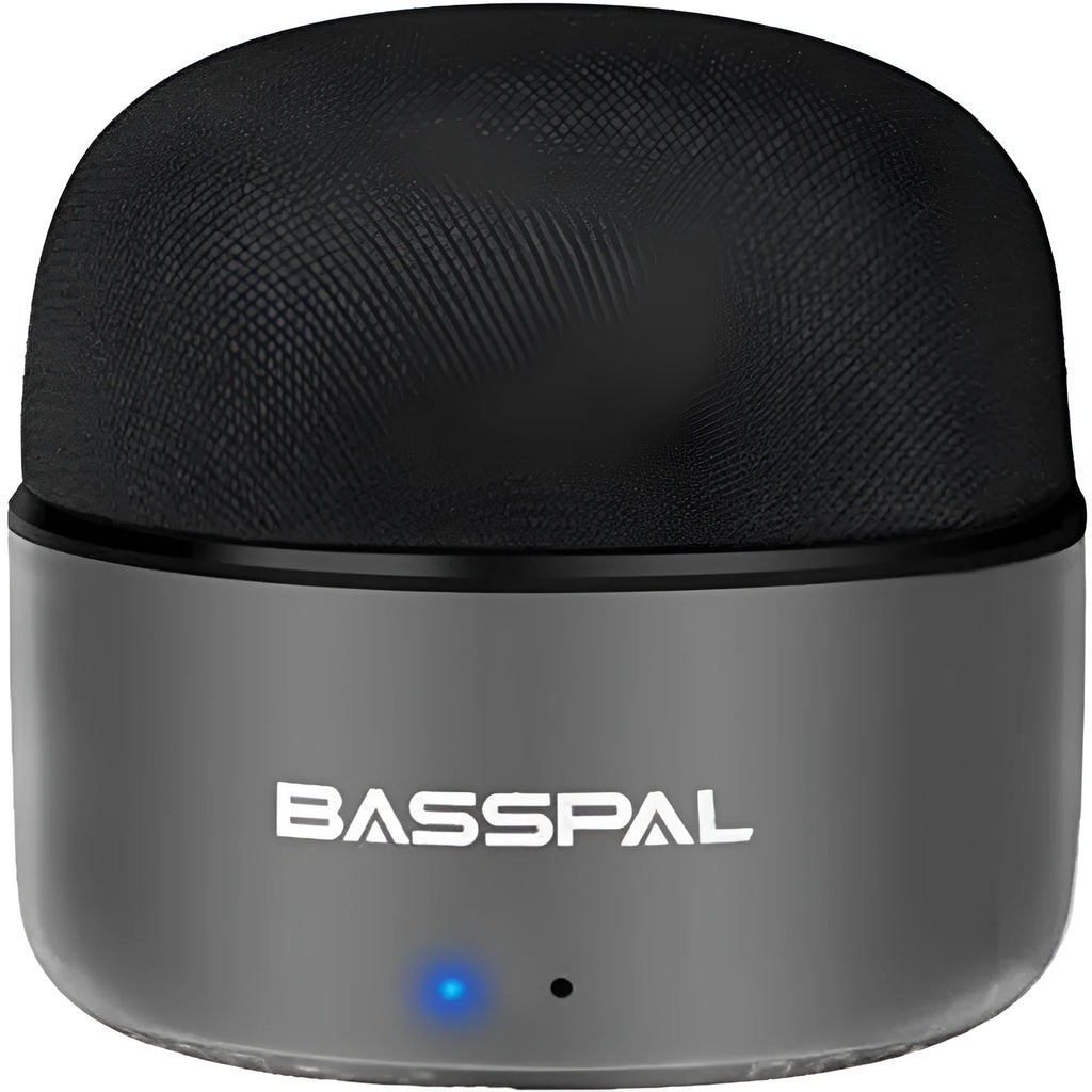 Black portable mini Bluetooth speaker showing waterproof design and control buttons