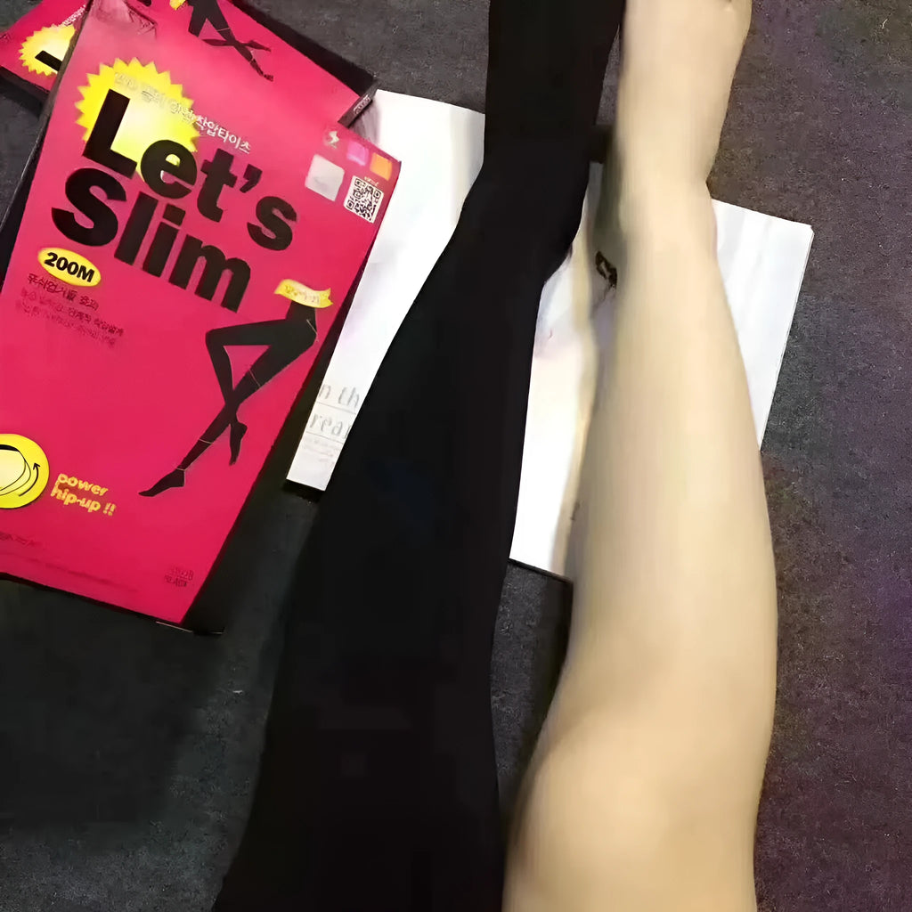 Beige and black stovepipe socks for lifting hips and abdomen, made from polyester fibre.
