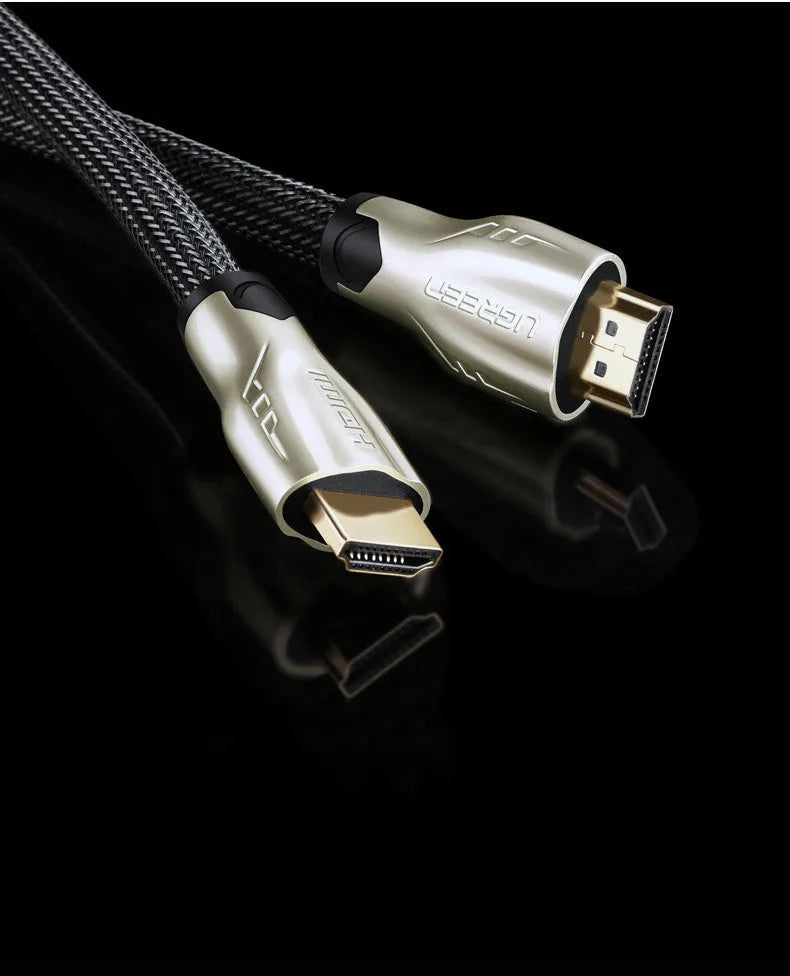 HDMI cable with gold-plated connectors showing length options from 0.5 to 15 metres for 4K AV connections