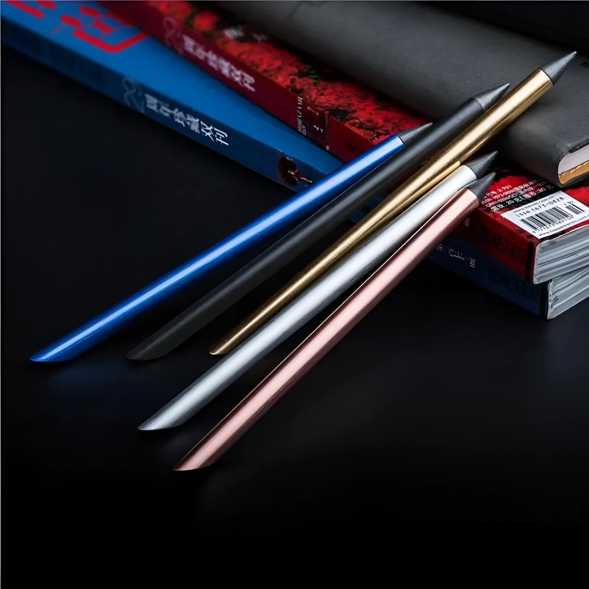 Inkless metal pen with alloy steel tip in choice of five colours, includes spare nib and pen bag.