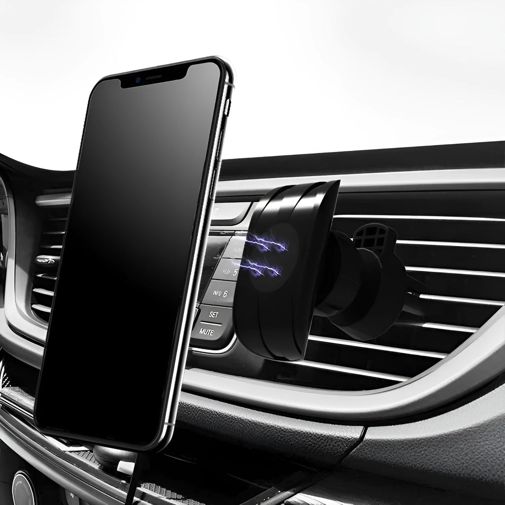 Black car phone holder mounted on car air vent with phone in adjustable clamp