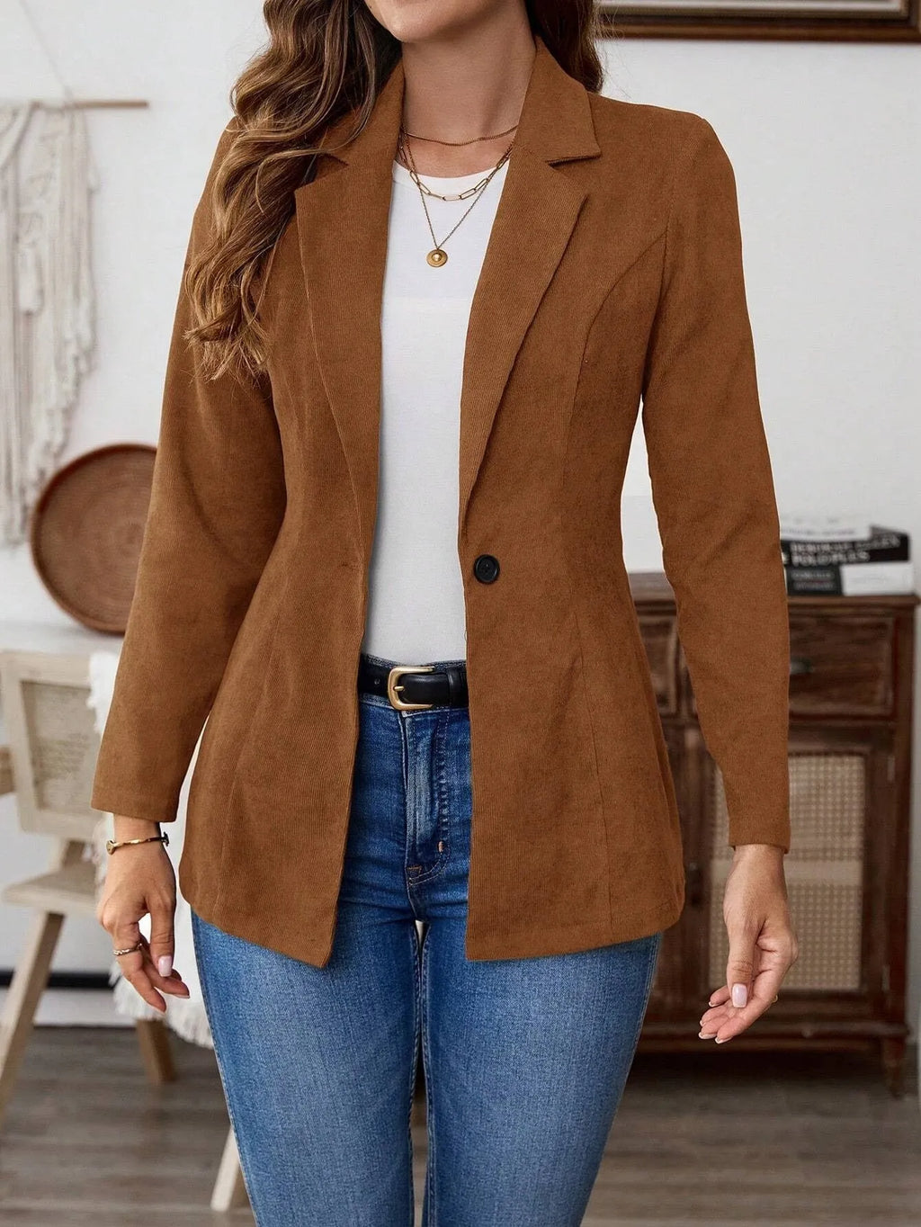Brown single-breasted leisure suit coat for men with lapel collar and long sleeves made from polyester elastane blend