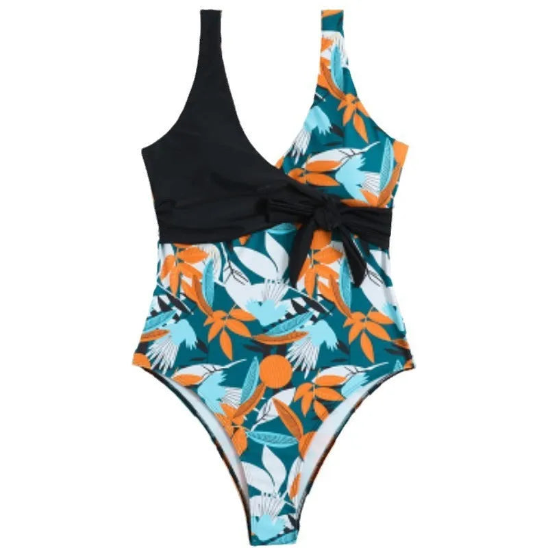 Women's high waist one-piece bikini swimsuit with printed pattern and quick-drying polyester fabric