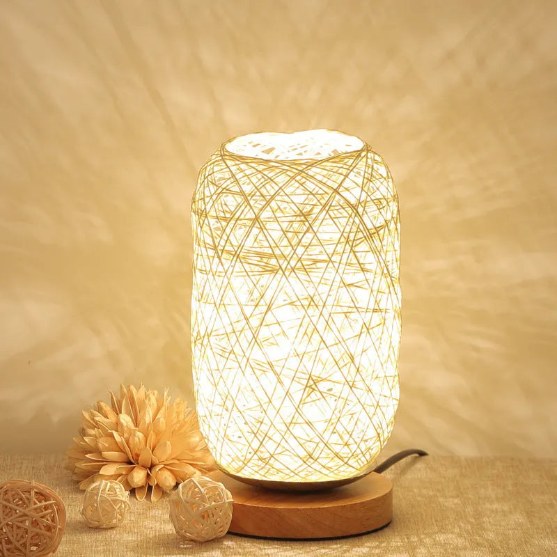 Brown hemp twine Sepak Takraw desk lamp with wooden base and USB cable