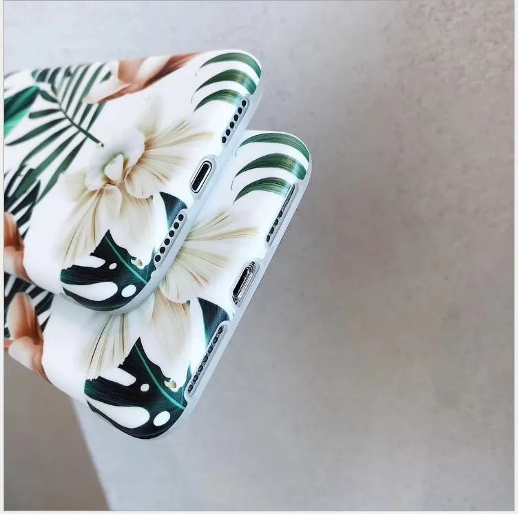 Green banana leaf and floral pattern on a soft TPU iPhone case for models like XS Max and XR.