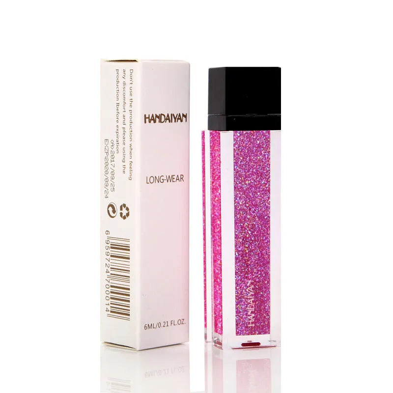 Shiny matte waterproof lip gloss tube with soft applicator, available in five shades including pink and rose red.