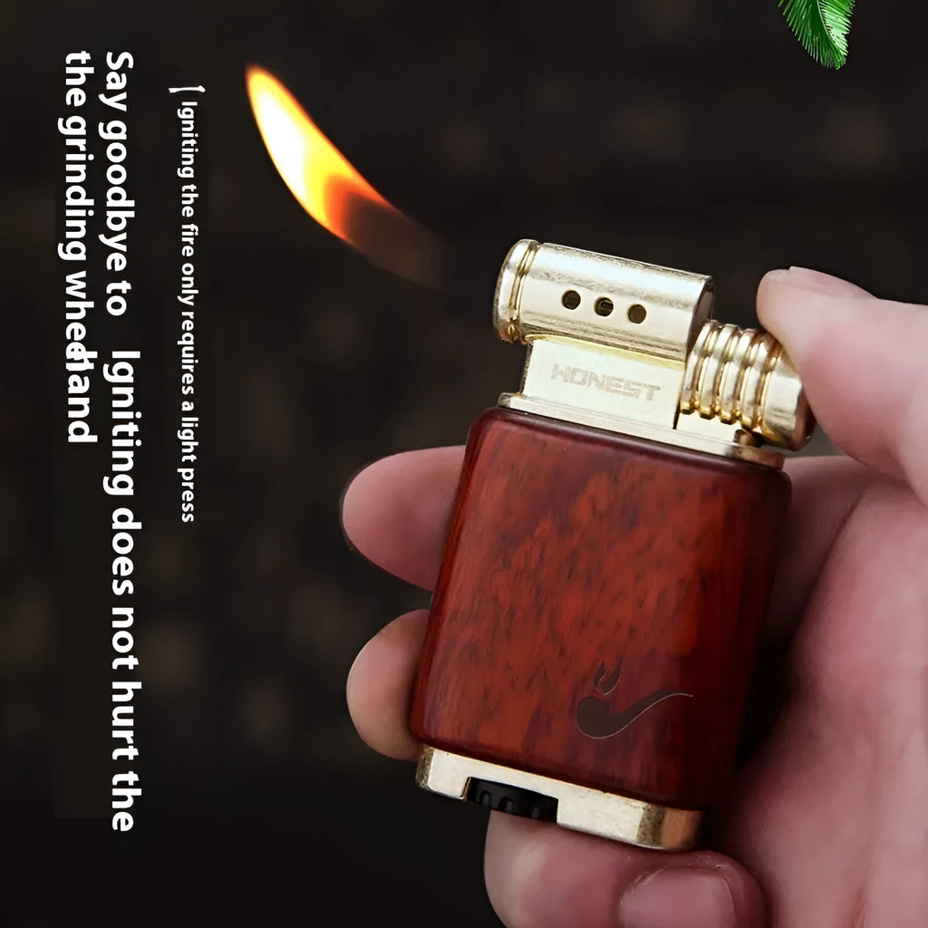 Black wood ebony gas lighter with rosewood sun face, good luck, and pipe carvings