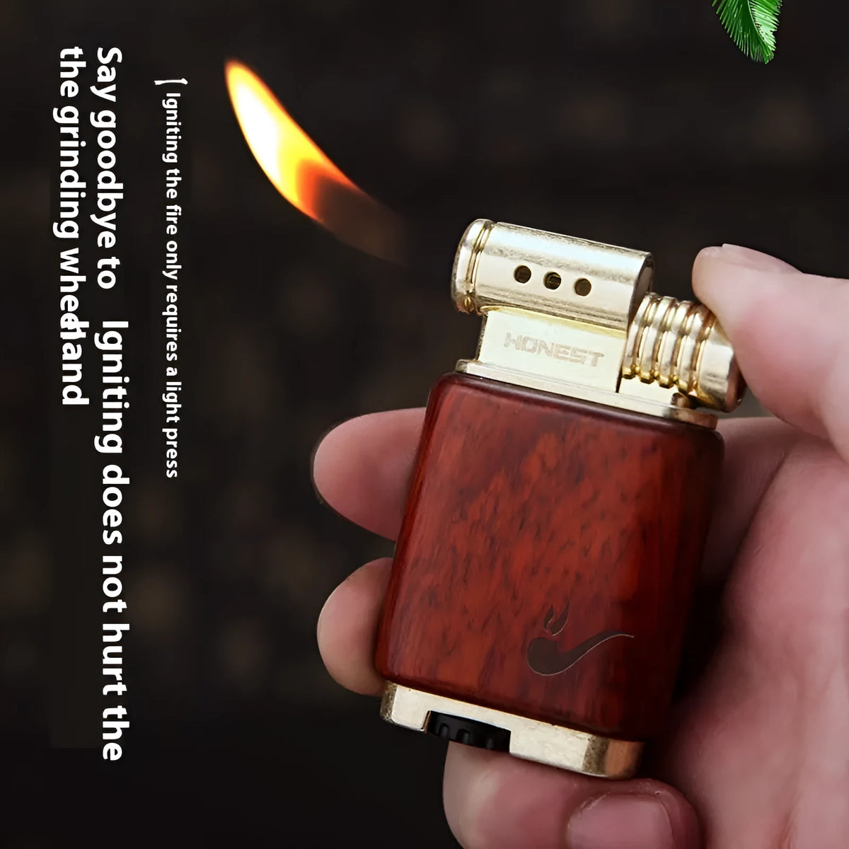 Black wood ebony gas lighter with rosewood sun face, good luck, and pipe carvings