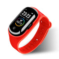 Smart bracelet and earphone combo in black, blue, or red with a 1-inch screen on a silicone wristband.