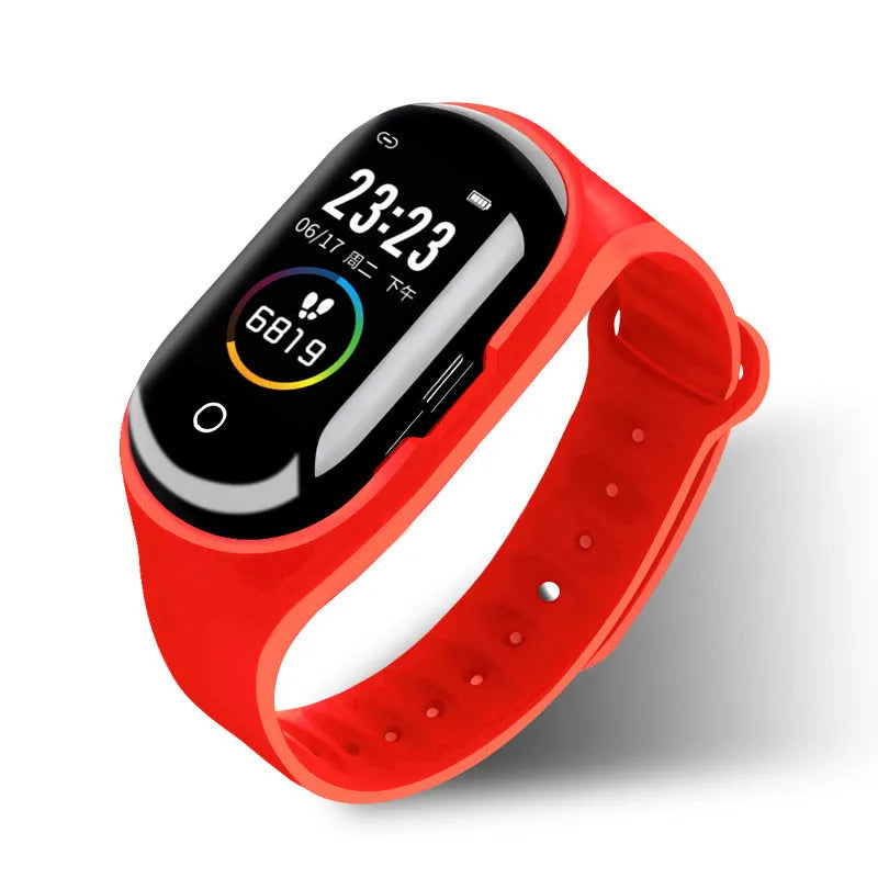 Smart bracelet and earphone combo in black, blue, or red with a 1-inch screen on a silicone wristband.