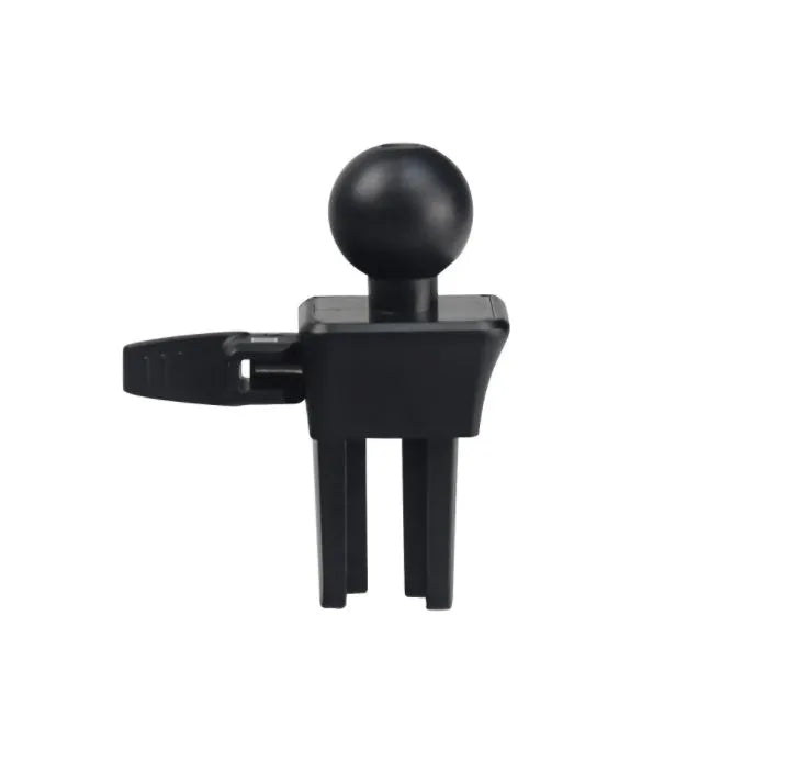Black plastic mobile phone holder clipped to a car air conditioning vent.