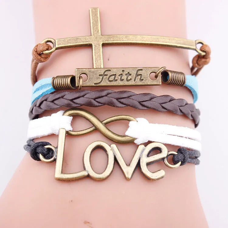 Multi-layer woven leather rope bracelet with love pendant and faith letter charm, 16cm + 5cm adjustable, unisex