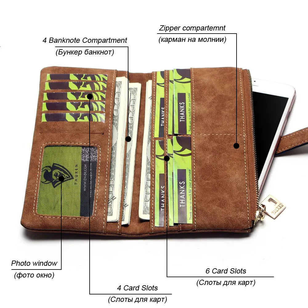 Vertical long Pu leather wallet with zip closure open to show card slots, note compartment, and phone pocket.