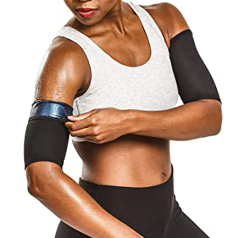 Blue and silver sports arm sweatband shown on an arm, with other colour variants including black and red displayed alongside.