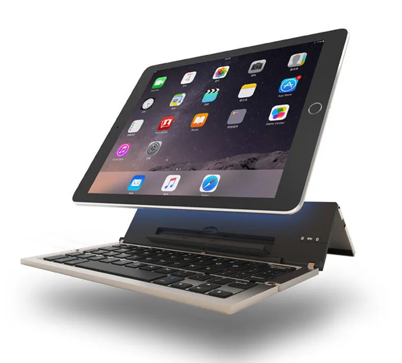 F18 three-fold folding wireless keyboard in aluminum alloy and ABS plastic, 58 keys, 22.6cm wide, Bluetooth, rechargeable.