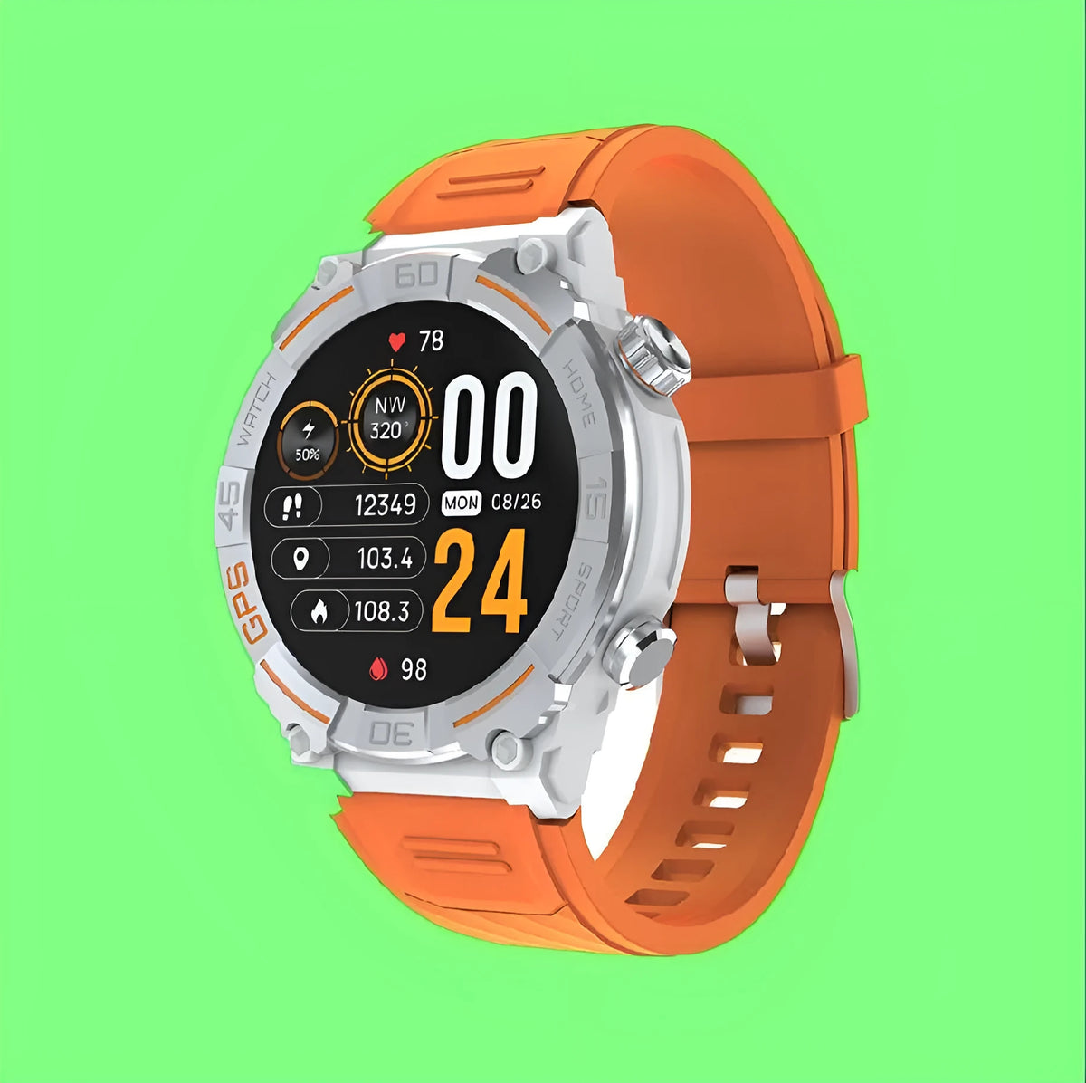MG02 smart watch in black colour with touch screen displaying health metrics and Bluetooth calling interface