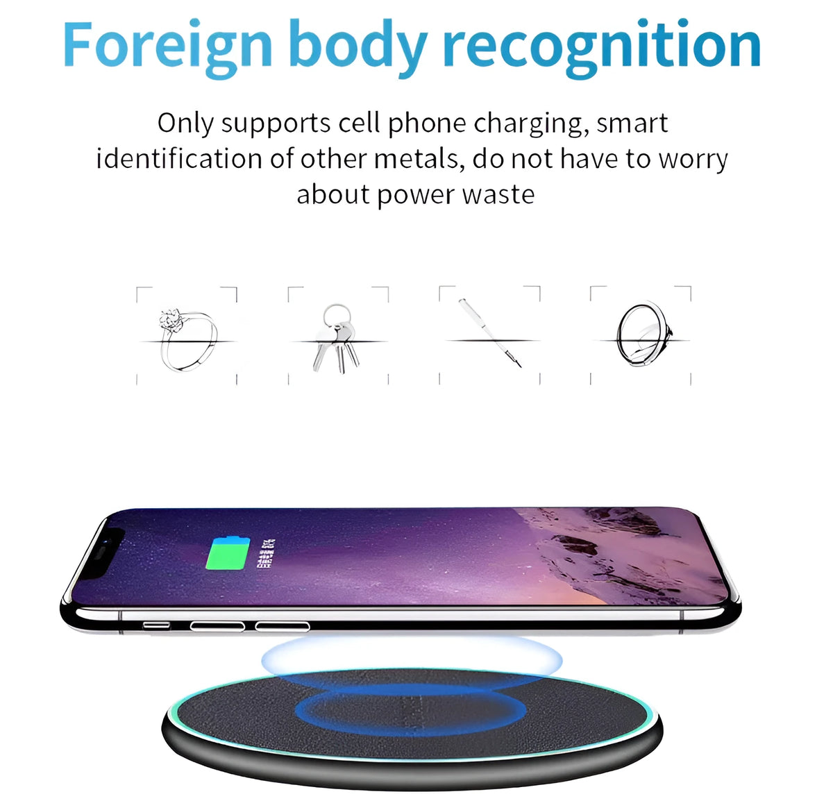 Black Qi wireless charging pad for iPhone 11 on a wooden desk