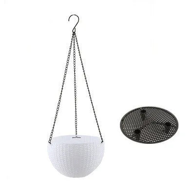 Plastic hanging basket planter with chain in one of seven colours, showing 210mm diameter.