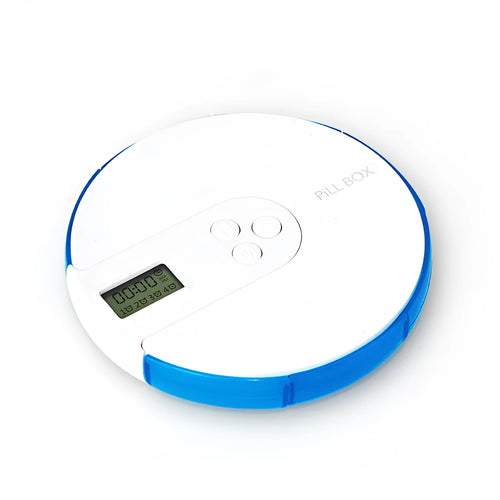 Blue 7-compartment alarm clock pill dispenser showing timer display and weekly medicine slots